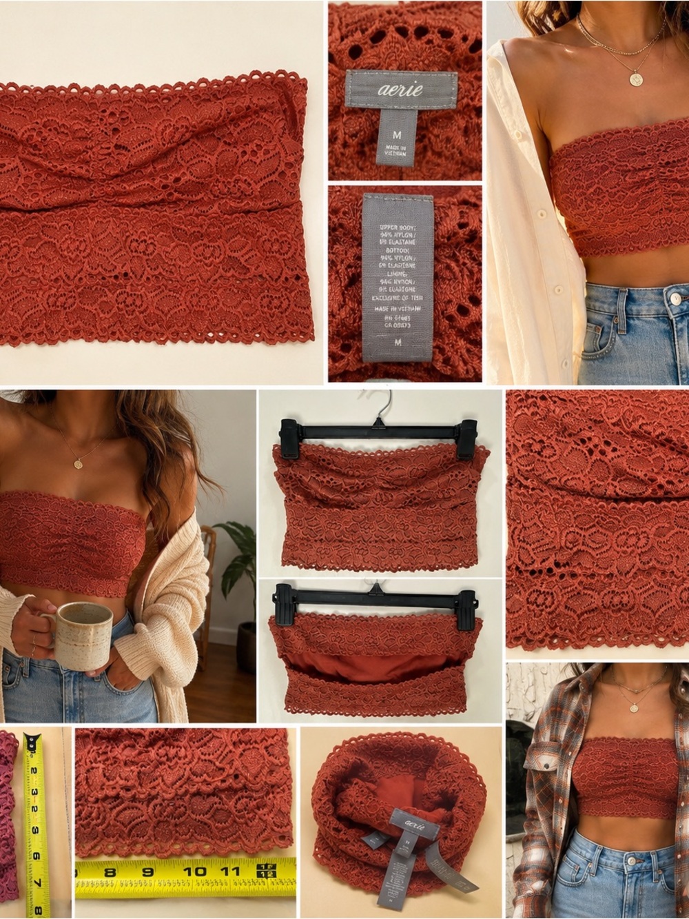Aerie Lace Bandeau Bralette Medium Rust Burnt Orange Strapless Floral Lingerie